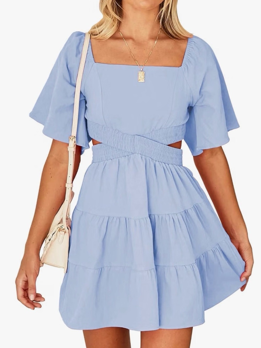 NWT Senlles Periwinkle Blue Cotton Cutout Tiered Mini Dress Smocked Size S